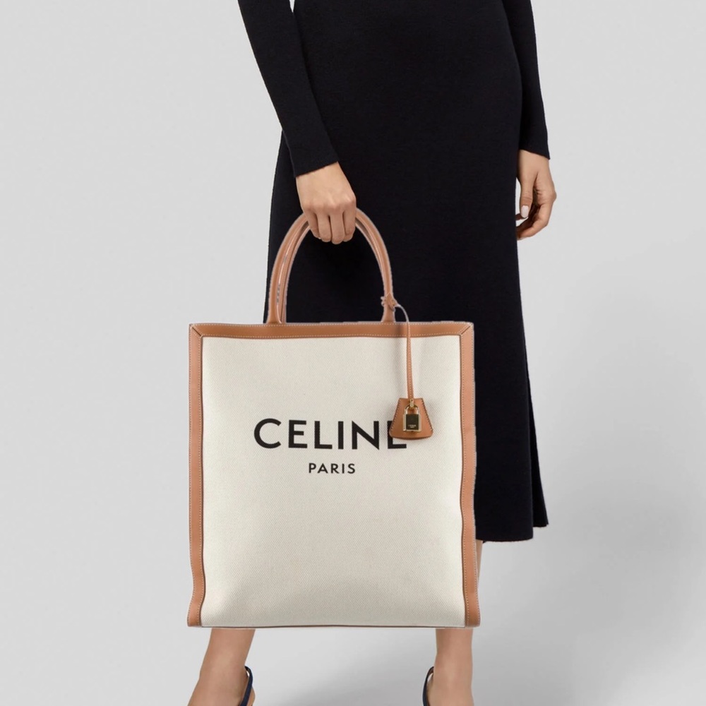 Celine Vertical Canvas Tote in White and Tan